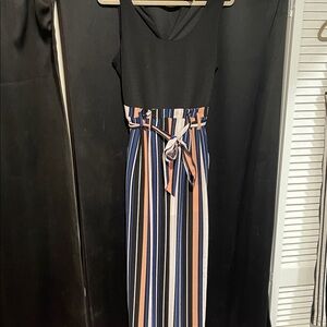 June & Hudson Black Top with Striped Maxi Dress